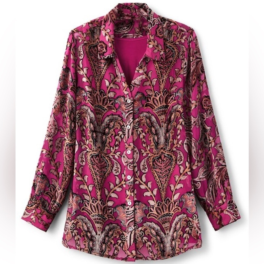 Soft Surroundings Pink Paisley Button-Down Blouse – Boho Chic Long Sleeve Top
